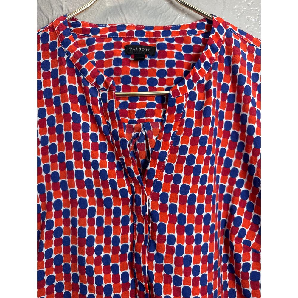 Talbots Womens Popover Tunic Blouse Blue Red Orange Collarless V Neck Medium